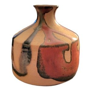 Vintage Pottery Vase Jar Brown Black Red 3" Tall